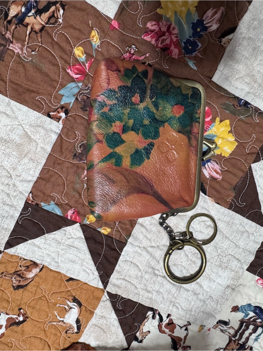 Patricia Nash Brown Leather Floral Painted Key & Coin Pouch with Keyring